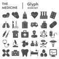 Medicine equipment solid icon set. Health care signs collection, sketches, logo illustrations, pharmacy web symbols