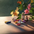 Medicine , farmacy . Different pills on the table and pills in tbottles. Flowers