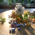 Medicine , farmacy . Different pills on the table and pills in tbottles Flowers