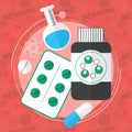 Medicine flat icons set. Pills box, tablets, pill, blister, vitamins, liquid. Vector Royalty Free Stock Photo