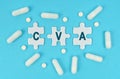 On a blue background, there are pills and puzzles with the inscription - CVA