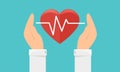 Medicine And Health Care Icon. Hands Holding Heart With Pulse Sign. Flat Vector