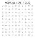 Medicine health care outline icons collection. Medicine, Health, Care, Treatment, Diagnosis, Surgery, Prescription