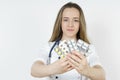 Medicine and health concept. Doctor woman holds pills in hands Royalty Free Stock Photo