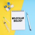 A syringe, ampoules and a notebook with the inscription - MOLECULAR BIOLOGY