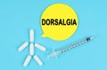 Syringe, human figure made of pills and paper sticker with the inscription - DORSALGIA