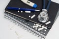 On the table are a notebook, a stethoscope, a pen, pills and a thermometer Royalty Free Stock Photo