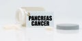 On a white reflective background, there are pills and a jar of drugs with a tag that says - PANCREAS CANCER