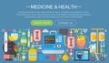 Medicine and health design concept set with healthcare medicine devices infographics template design, web header Royalty Free Stock Photo