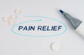 On a white sheet of paper, tablets, a marker and an inscription - PAIN RELIEF indicated by a drawn oval Royalty Free Stock Photo