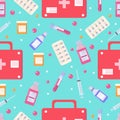 Medicine and healthcare equipment seamless pattern. Colorful medical background with pills, first aid kit Royalty Free Stock Photo