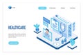 Medicine and healthcare isometric landing page vector template