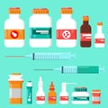Medicine Icon Set. Medicine bottles with labels, stethoscope, bottles for drugs, tablets, capsules, prescriptions, vitamins etc