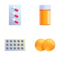 Medicine icons set cartoon vector. Pill and capsule blister