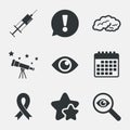Medicine icons. Syringe, eye, brain and ribbon. Royalty Free Stock Photo