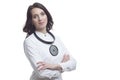 Medicine Ideas. Professional Smiling Female GP Doctor Posing in Doctor's Smock and an Examination Mirror Royalty Free Stock Photo