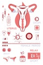 Medicine info-graphic about the menstrual cycle of a woman, health, hygiene. Illustration on white background, character set of