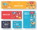 Medicine information cards set. Medical template of flyear, magazines, posters, book cover. Clinical infographic concept on
