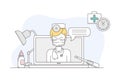 Medicine with Laptop and Online Appointment with Doctor Line Vector Illustration