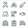 medicine line icons. linear set. quality vector line set such as ambulance, clipboard, hospital, inju, doctor, tooth, thermometer