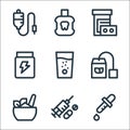 medicine line icons. linear set. quality vector line set such as drops, drugs, ayurvedic, herbal tea, effervescent, glucose,