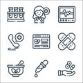 medicine line icons. linear set. quality vector line set such as hand, pipette, mortar, band aid, pills, hospital, ecg, doctor