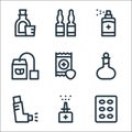 medicine line icons. linear set. quality vector line set such as pills, nasal spray, inhaler, oil, throat, herbal tea, aerosol,
