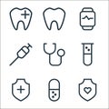 medicine line icons. linear set. quality vector line set such as protective, pill, protection, tube, stethoscope, syringe, Royalty Free Stock Photo