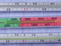 Medicine Medical Health Care Industry Three Thermometers Scales Laying On The Clear Soft Light Blue Background Copy Paste Text