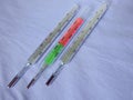 Medicine Medical Health Care Industry Three Thermometers Set Laying On The Clear Soft Light Blue Background Copy Paste Text Space
