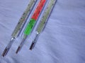 Medicine Medical Health Care Industry Three Thermometers Set Laying On The Clear Soft Light Blue Background Copy Paste Text Space