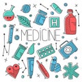 Medicine objects concept in doodle style. Hand drawn illustration for printing on T-shirts, postcards