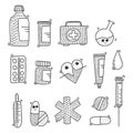 Medicine objects concept in doodle style. Hand drawn illustration for printing on T-shirts, postcards
