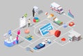 Medicine online isometric flowchart, vector illustration. Online pharmacy, drugstore.