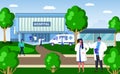 Medicine outside space concept, vector illustration. Professional doctors relax at street, plant design. Hospital