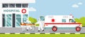 Medicine paramedics ambulance concept with emergency rescue team and coronavirus disease patient in flat style. Royalty Free Stock Photo