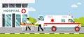 Medicine paramedics ambulance concept with emergency rescue team and injured patient in flat style. Royalty Free Stock Photo