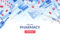 Medicine, pharmacy background. Drugstore banner design template with pills, drugs, medical bottles. Vector illustration Royalty Free Stock Photo