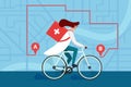 Medicine pharmacy delivery. Woman doctor riding bicycle with medical surgical sanitary box first aid on city street map