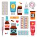 Medicine pharmacy drugs, pills, medicament bottles and medical equipment vector flat icons