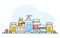 Medicine, pharmacy, hospital set of drugs with labels on a white background. Medication, pharmacy concept. Flat graphics. Vector Royalty Free Stock Photo