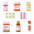 Medicine, pharmacy, hospital set of drugs. Pills, capsules, vitamins, tincture, throat spray. Vector illustration. Royalty Free Stock Photo