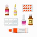 Medicine, pharmacy, hospital set of drugs. Pills, capsules, vitamins, tincture, throat spray. Vector illustration Royalty Free Stock Photo