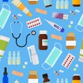 Medicine. Pharmacy. Medicines. Pattern. Seamless background. Vector illustration with infinitely repeating elements