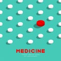 Medicine pill 3D isometric pattern, Danger expired concept poster and banner square design illustration isolated on green