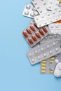 Medicine pills blisters packs heap assortment top view
