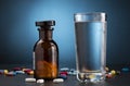 Pills medicine bottle and glass of drink water Royalty Free Stock Photo