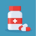 Medicine Pills Bottle with Pills over It. Pharmacy and Treatment Concept Vector Illustration Royalty Free Stock Photo