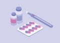 Medicine pills and bottles thermometer isometric vector illustration. Medical tablets isolated. Pharmaceutical capsule