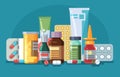 Medicine. Pills, capsules and glass meds bottles with medicine, tubes with ointment, medication spray. Pharmacological Royalty Free Stock Photo